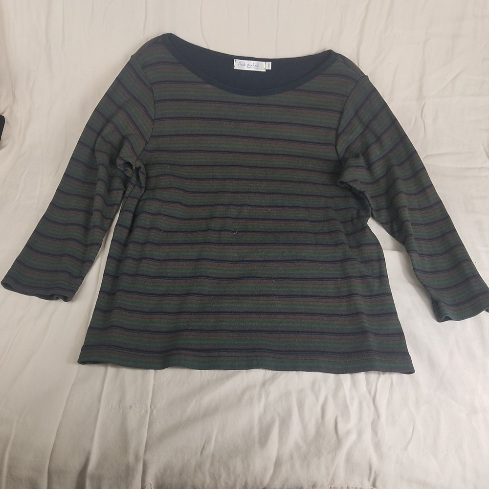Fresh Produce Womens Green Striped 100% Cotton Boat Neck 3/4 Sleeve Top Size L